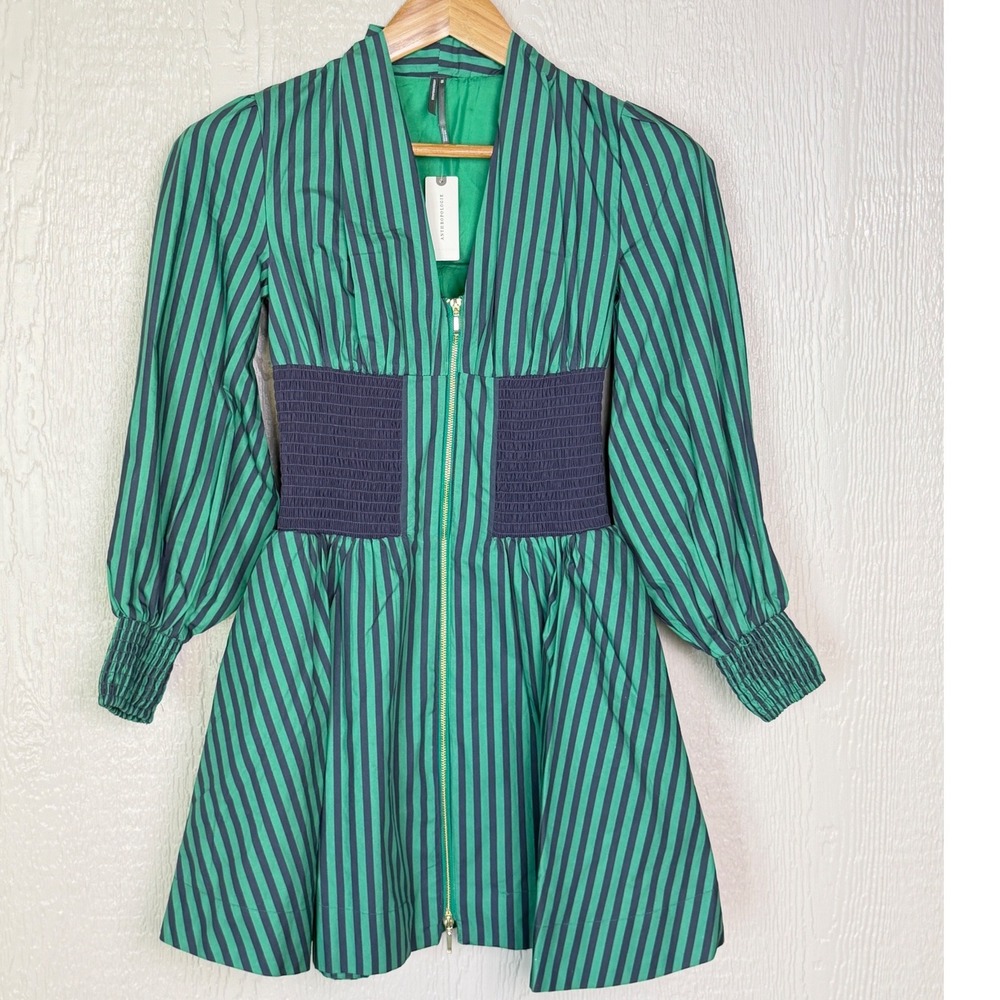 Anthropologie Green Striped Zip Front Smocked Waist Mini Dress XXS NEW